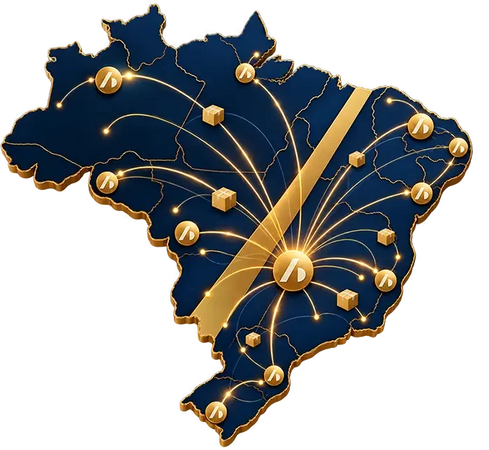 Ilustração do mapa do Brasil com pontos de distribuição conectados, representando a logística nacional da Audacce