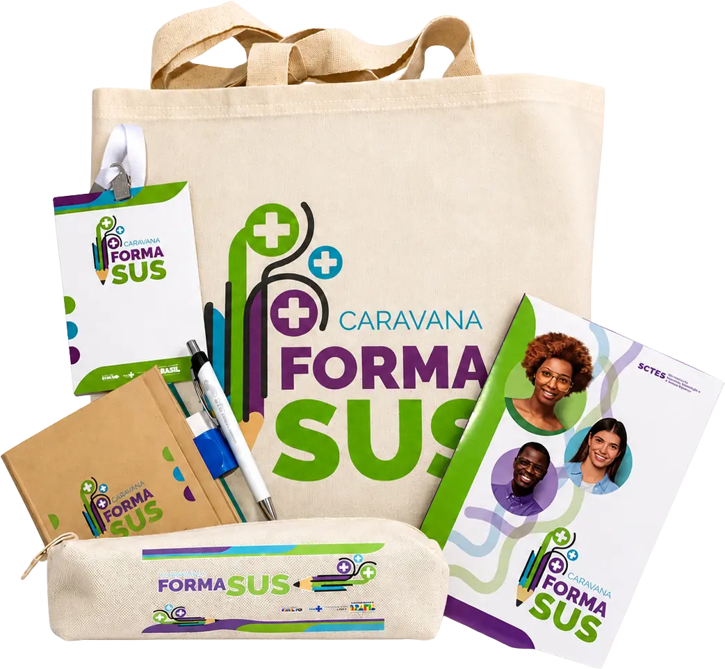 Kit de brindes personalizados Audacce para a Caravana Forma SUS: ecobag, caderno, estojo, caneta e crachá