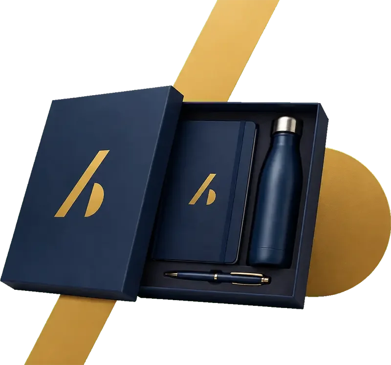 Kit executivo personalizado Audacce: caixa, caderno, garrafa térmica e caneta com a marca da empresa