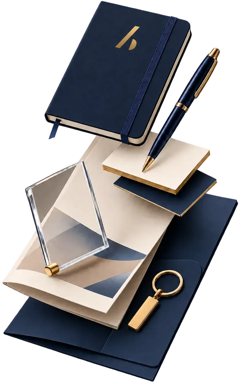 Kit de papelaria personalizada Audacce: caderno, caneta, cartões, pasta e chaveiro em azul-marinho e dourado
