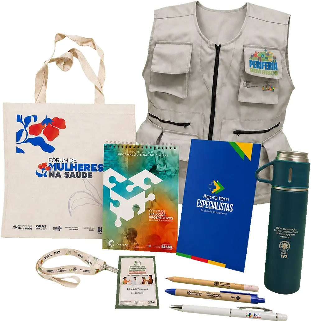 Kit de brindes personalizados Audacce: ecobag, colete institucional, blocos de anotação, garrafa térmica, canetas e crachá com cordão
