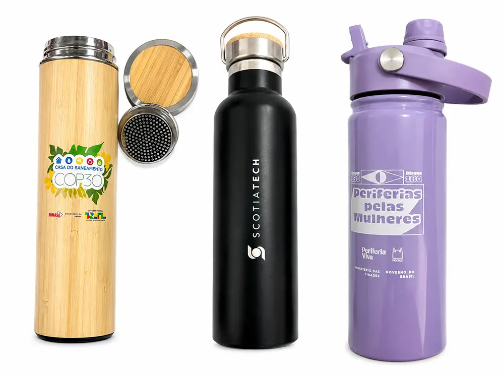 Garrafas térmicas personalizadas Audacce em bambu e inox para diferentes clientes