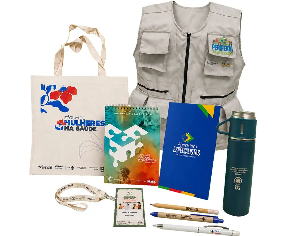 Kit de brindes personalizados Audacce: colete institucional, ecobag, garrafa térmica, cadernos e canetas